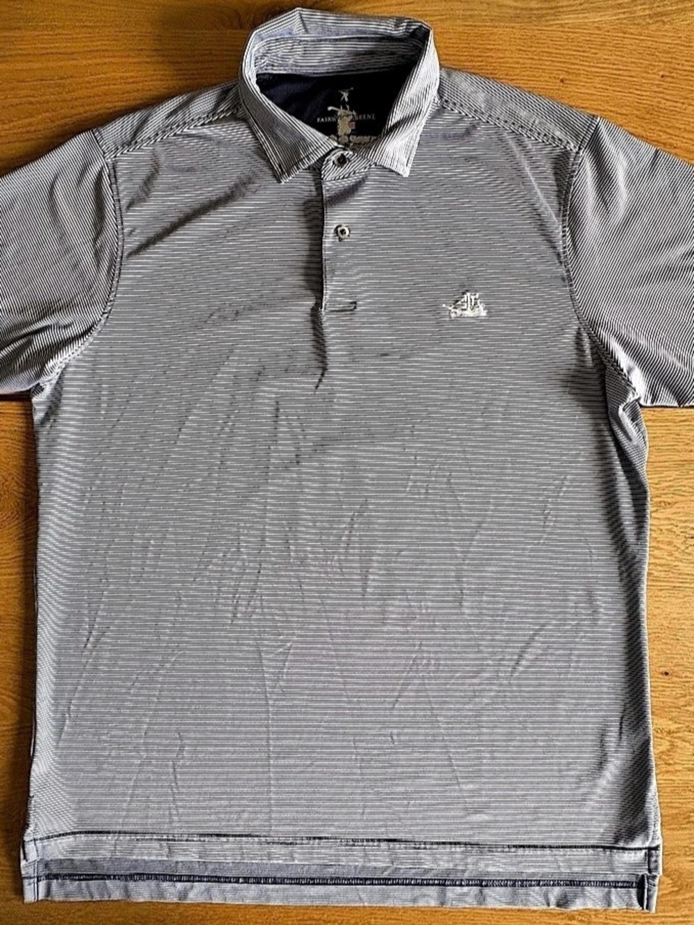 Fairway & Greene Mens Golf Polo Shirt Large Black Striped Short Sleeve Logo